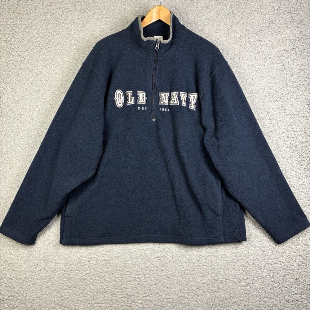 Old Navy Fleece Sweater XXL Navy 1/4 Zip Spellout Y2K Embroidered Jumper Relaxed